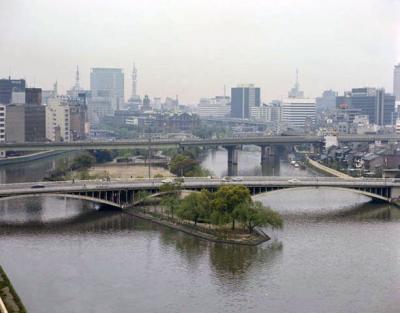 東からのようす。旧淀川が堂島川(右)と土佐堀川に分かれる