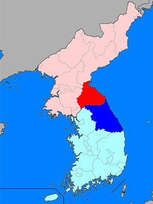 赤が江原道(2)、青が大韓民国の江原特別自治道