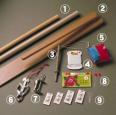 (1)から巻棒、絎台、絎台の金具、仕付糸、針刺、掛針、絎台の金具、待針、縫針